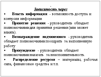 Подпись:  
Зависимость через
•          Власть информации - возможность доступа и контроля информации 
•          Принятие решения - руководитель обладает полномочиями для принятия решения (или может вли-ять). 
•          Вознаграждение подчиненного - руководитель обладает полномочиями поощрить  за выполненную работу
•          Принуждение - руководитель обладает полномо-чиями наказать  за неисполнительность. 
•          Распределение ресурсов – материалы, рабочая сила, финансовые средства и т.п.  

