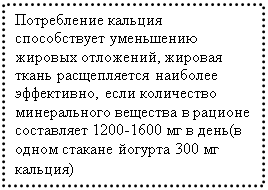 Подпись: Потребление кальция способствует уменьшению жировых отложений, жировая ткань расщепляется наиболее эффективно, если количество минерального вещества в рационе составляет 1200-1600 мг в день(в одном стакане йогурта 300 мг кальция)