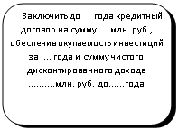 Скругленный прямоугольник:     Заключить до       года кредитный договор на сум-му.....млн. руб., обеспечив окупаемость инвестиций за .... года и сумму чистого дисконтированного дохода ..........млн. руб. до......года