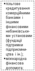 Подпись: §	пільгове кредитування комерційними банками і іншими фінансовими  небанківськи-ми установами (фундації підтримки підприємни-цтва і ін.);
§	міжнародна фінансова допомога;

