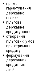 Подпись: §	пряме гарантування державної позики;
§	пільгове державне кредитування;
§	створення пільгових умов при отриманні кредиту;
§	формування державних кредитних ліній;

