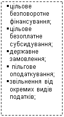 Подпись: §	цільове безповоротне фінансування;
§	цільове безоплатне субсидування;
§	державне замовлення;
§	 пільгове оподаткування;
§	звільнення від окремих видів податків;


