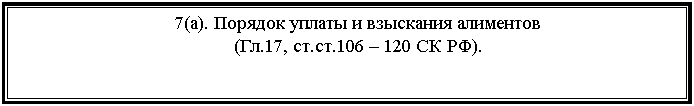 Подпись: 7(а). Порядок уплаты и взыскания алиментов
(Гл.17, ст.ст.106 – 120 СК РФ).
