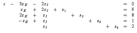 $\begin{array}{ccccccccccccccc}z & - & 3x_{E} & - & 2x_{I} & & & & & & & & & =...... s_{3} & & & = & 1\\& & & & x_{I} & & & & & & & + & s_{4} & = & 2\end{array}$