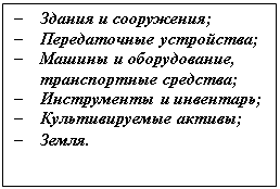 Подпись: –	Здания и сооружения;
–	Передаточные устройства;
–	Машины и оборудование, транспортные средства;
–	Инструменты и инвентарь;
–	Культивируемые активы;
–	Земля.
