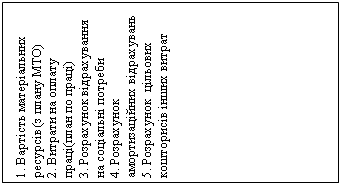 Подпись: 1. Вартість матеріальних ресурсів (з плану МТО)
2. Витрати на оплату праці(план по праці)
3. Розрахунок відрахування на соціальні потреби
4. Розрахунок амортизаційних відрахувань
5. Розрахунок  цільових кошторисів інших витрат 
