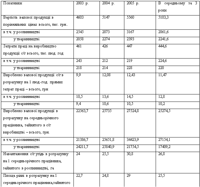 Подпись: Показники 	2003 р.	2004 р.	2005 р.	В середньому за 3 роки
Вартість валової продукції в порівняльних цінах всього, тис. грн..	4603	5147	5560	5103,3
в т.ч. у рослинництві	2545	2873	3167	2861,6
          у тваринництві	2058	2274	2393	2241,6
Затрати праці на виробництво продукції с/г всього, тис. люд. год	461	426	447	444,6
в т.ч. у рослинництві	243	212	219	224,6
          у тваринництві	218	214	228	220
Вироблено валової продукції с/г в розрахунку на 1 люд.-год. прямих затрат праці – всього, грн	9,9	12,08	12,43	11,47
в т.ч. у рослинництві	10,5	13,6	14,5	12,8
          у тваринництві	9,4	10,6	10,5	10,2
Вироблено валової продукції в розрахунку на середньорічного працівника, зайнятого в с/г виробництві – всього, грн.	22563,7	25735	27524,8	25274,5
в т.ч. у рослинництві	21386,7	25651,8	34423,9	27154,1
          у тваринництві	24211,7	25840,9	21754,5	17409,2
Навантаження с/г угідь в розрахунку на 1 середньорічного працівника, зайнятого в рослинництві, га	24	25,5	30,8	26,8
Площа ріллі в розрахунку на 1 середньорічного працівника,зайнятого в рослинництві,га	22,7	24,8	29	25,5
