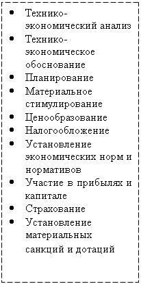 Подпись: •	Технико-экономический анализ
•	Технико-экономическое обоснование
•	Планирование
•	Материальное стимулирование
•	Ценообразование
•	Налогообложение
•	Установление экономических норм и нормативов
•	Участие в прибылях и капитале
•	Страхование
•	Установление материальных санкций и дотаций
