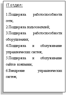 Блок-схема: процесс: IT отдел:
1.Поддержка работоспособности сети;
2.Поддержка пользователей;
3.Поддержка работоспособности оборудования;
4.Поддержка и обслуживание управленческих систем;
5.Поддержка и обслуживание сайтов компании;
6.Внедрение управленческих систем;

