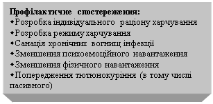 Подпись: Профілактичне спостереження:
wРозробка індивідуального раціону харчування
wРозробка режиму харчування
wСанація хронічних вогнищ інфекції
wЗменшення психоемоційного навантаження
wЗменшення фізичного навантаження
wПопередження тютюнокуріння (в тому числі пасивного)
