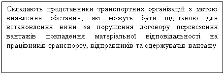 Подпись: Складають представники транспортних організацій з метою виявлення обставин, які можуть бути підставою для встановлення вини за порушення договору перевезення вантажів покладення матеріальної відповідальності на працівників транспорту, відправників та одержувачів вантажу