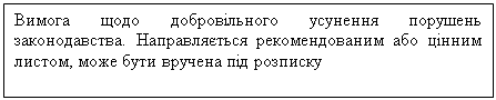 Подпись: Вимога щодо добровільного усунення порушень законодавства. Направляється рекомендованим або цінним листом, може бути вручена під розписку