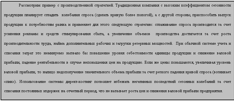 Подпись: Рассмотрим пример с производственной стратегией. Традиционная компания с высоким коэффициентом сезонности продукции планирует сгладить  колебания спроса (сделать кривую более пологой), а с другой стороны, приспособить выпуск продукции к потребностям рынка и применяет для этого следующую стратегию: сглаживание спроса производится за счет усиления рекламы и средств стимулирования сбыта, а увеличение объемов  производства достигается за счет роста производительности труда, найма дополнительных рабочих и загрузки резервных мощностей.  При обычной системе учета и списания затрат это неминуемо вызвало бы повышение уровня себестоимости единицы продукции и снижение валовой прибыли, падение рентабельности в случае неповышения цен на продукцию. Если же цены повышаются, увеличивая уровень валовой прибыли, то налицо недополучение значительного объема прибыли за счет резкого падения кривой спроса (возникает «пик»). Использование системы директ-костинг позволяет избежать негативных последствий сезонных колебаний за счет списания постоянных издержек на отчетный период, что не вызывает роста цен и снижения валовой прибыли предприятия. 