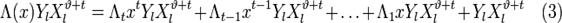 \Lambda (x) Y_l X_{l}^{\vartheta+t} = \Lambda_t x^t Y_l X_{l}^{\vartheta+t} + \Lambda_{t-1} x^{t-1} Y_l X_{l}^{\vartheta+t} + \dots + \Lambda_1 x Y_l X_{l}^{\vartheta+t} + Y_l X_{l}^{\vartheta+t}  \quad (3)