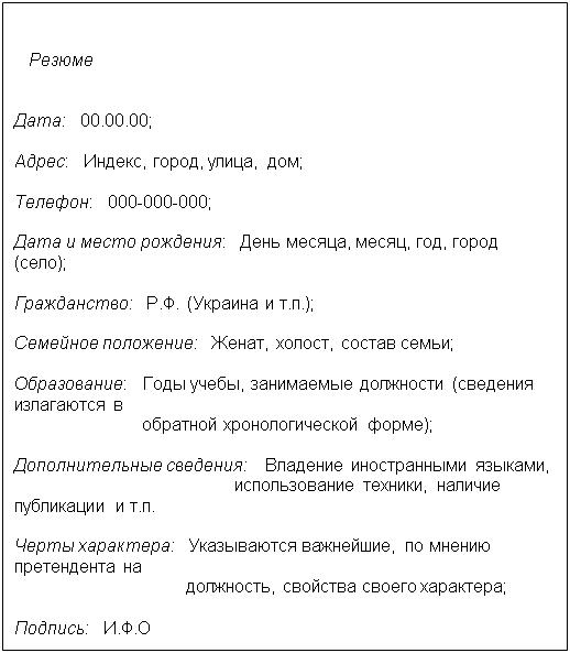 Подпись:        

   Резюме


Дата:   00.00.00;

Адрес:   Индекс, город, улица, дом;

Телефон:   000-000-000;

Дата и место рождения:   День месяца, месяц, год, город (село);

Гражданство:   Р.Ф. (Украина и т.п.); 

Семейное положение:   Женат, холост, состав семьи;

Образование:   Годы учебы, занимаемые должности (сведения излагаются в                                                                    
                          обратной хронологической форме);

Дополнительные сведения:   Владение иностранными языками, 
                                             использование техники, наличие публикации и т.п.                                                                                        

Черты характера:   Указываются важнейшие, по мнению претендента на 
                                   должность, свойства своего характера;

Подпись:   И.Ф.О
