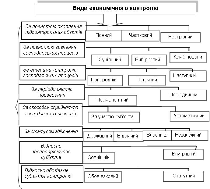 Подпись: За повнотою охоплення підконтрольних обєктів ,Подпись: За повнотою вивчення господарських процесів,Подпись: За етапами контролю господарських процесів,Подпись: За способом сприйняття господарських процесів,Подпись: За періодичністю проведення,Подпись: За статусом здійснення,Подпись: Відносно господарюючого суб’єкта,Подпись: Відносно обов’язків суб’єктів контролю