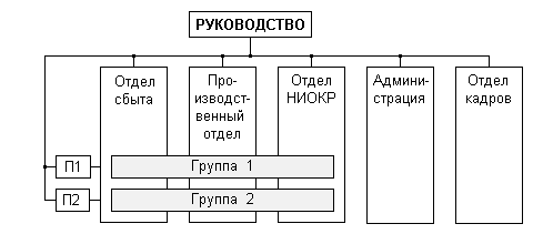 Рис 23. Организация с маркетинговыми подразделениями (П1 и П2).