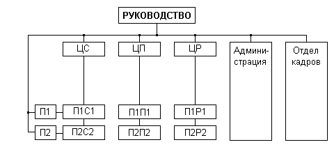 Рис. 24.  Матричная организация: ЦС, ЦП, ЦР - центральные отделы; каждое подразделение состоит из своих отделов - сбыта (ПС), производства (ПП), разработок (ПР).