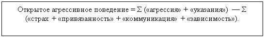 Подпись: Открытое агрессивное поведение = S («агрессия» + «указания») — S («страх + «привязанность» + «коммуникация» + «зависимость»).