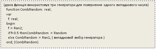 Подпись: {дана функція використовує три генератори для повернення одного випадкового числа}
   function CombRandom: real;
   var
     f: real;
   begin
     f := Ran2;
     if f>0.5 thenCombRandom := Random
     else CombRandom := Ran1; { випадковий вибір генератора }
   end; {CombRandom}

