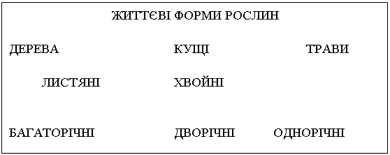 Подпись: ЖИТТЄВІ ФОРМИ РОСЛИН

ДЕРЕВА				КУЩІ			ТРАВИ

ЛИСТЯНІ 			ХВОЙНІ


БАГАТОРІЧНІ			ДВОРІЧНІ		ОДНОРІЧНІ
