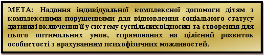 Подпись: МЕТА: Надання індивідуальної комплексної допомоги дітям з комплексними порушеннями для відновлення соціального статусу дитини і включення її у систему суспільних відносин та створення для цього оптимальних умов, спрямованих на цілісний розвиток особистості з врахуванням психофізичних можливостей. 