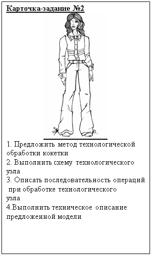 Подпись: Карточка-задание №2
 
1. Предложить метод технологической
обработки кокетки
2. Выполнить схему технологического 
узла
3. Описать последовательность операций
 при обработке технологического 
узла
4.Выполнить техническое описание 
предложенной модели
