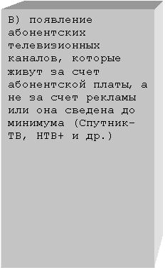 Подпись: В) появление абонентских телевизионных каналов, которые живут за счет абонентской платы, а не за счет рекламы или она сведена до минимума (Спутник-ТВ, НТВ+ и др.)