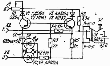 Схема простого испытателя транзисторов