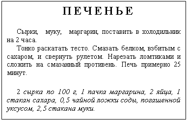 Подпись: ПЕЧЕНЬЕ

Сырки,  муку,  маргарин, поставить в холодильник на 2 часа.
Тонко раскатать тесто. Смазать белком, взбитым с сахаром, и свернуть рулетом. Нарезать ломтиками и сложить на смазанный противень. Печь примерно 25 минут.

2 сырка по 100 г, 1 пачка маргарина, 2 яйца, 1 стакан сахара, 0,5 чайной ложки соды, погашенной уксусом, 2,5 стакана муки.
