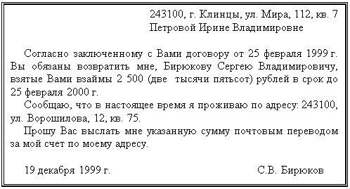 Подпись: 243100, г. Клинцы, ул. Мира, 112, кв. 7
Петровой Ирине Владимировне

Согласно заключенному с Вами договору от 25 февраля 1999 г. Вы обязаны возвратить мне, Бирюкову Сергею Владимировичу, взятые Вами взаймы 2 500 (две  тысячи пятьсот) рублей в срок до 25 февраля 2000 г.
Сообщаю, что в настоящее время я проживаю по адресу: 243100, ул. Ворошилова, 12, кв. 75.
Прошу Вас выслать мне указанную сумму почтовым переводом за мой счет по моему адресу.

19 декабря 1999 г.                                                    С.В. Бирюков
