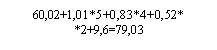 Подпись: 60,02+1,01*5+0,83*4+0,52*
*2+9,6=79,03
