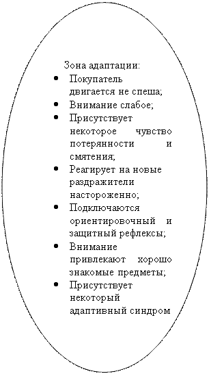 Овал:           Зона адаптации:
•	Покупатель двигается не спеша;
•	Внимание слабое;
•	Присутствует некоторое чувство потерянности и смятения;
•	Реагирует на новые раздражители настороженно;
•	Подключаются ориентировочный и защитный рефлексы;
•	Внимание привлекают хорошо знакомые предметы;
•	Присутствует некоторый адаптивный синдром
